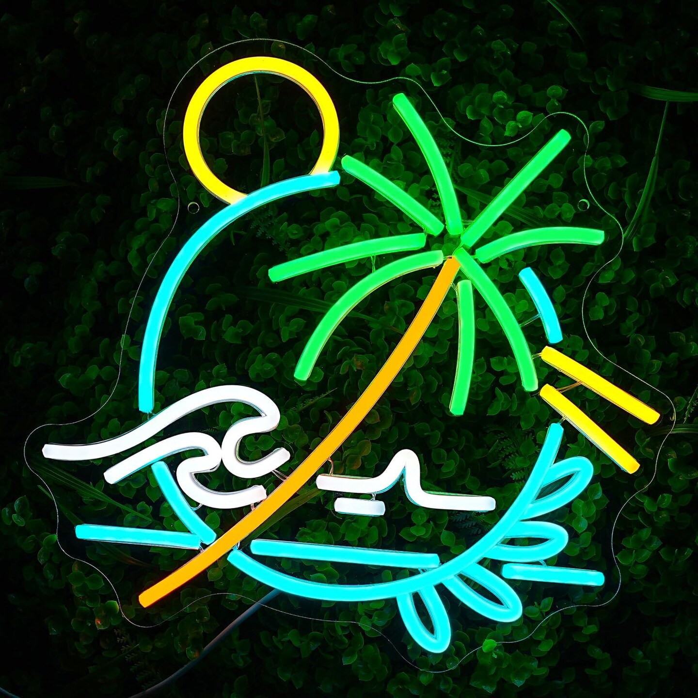 Palm Tree Neon Sign &#x2013; Sea Wave LED Light Circle for Wall D&#xE9;cor, Plant Neon Light for Bedroom, Living Room, Men&#x2019;s Cave, Bar, Hotel &#x26; Restaurant