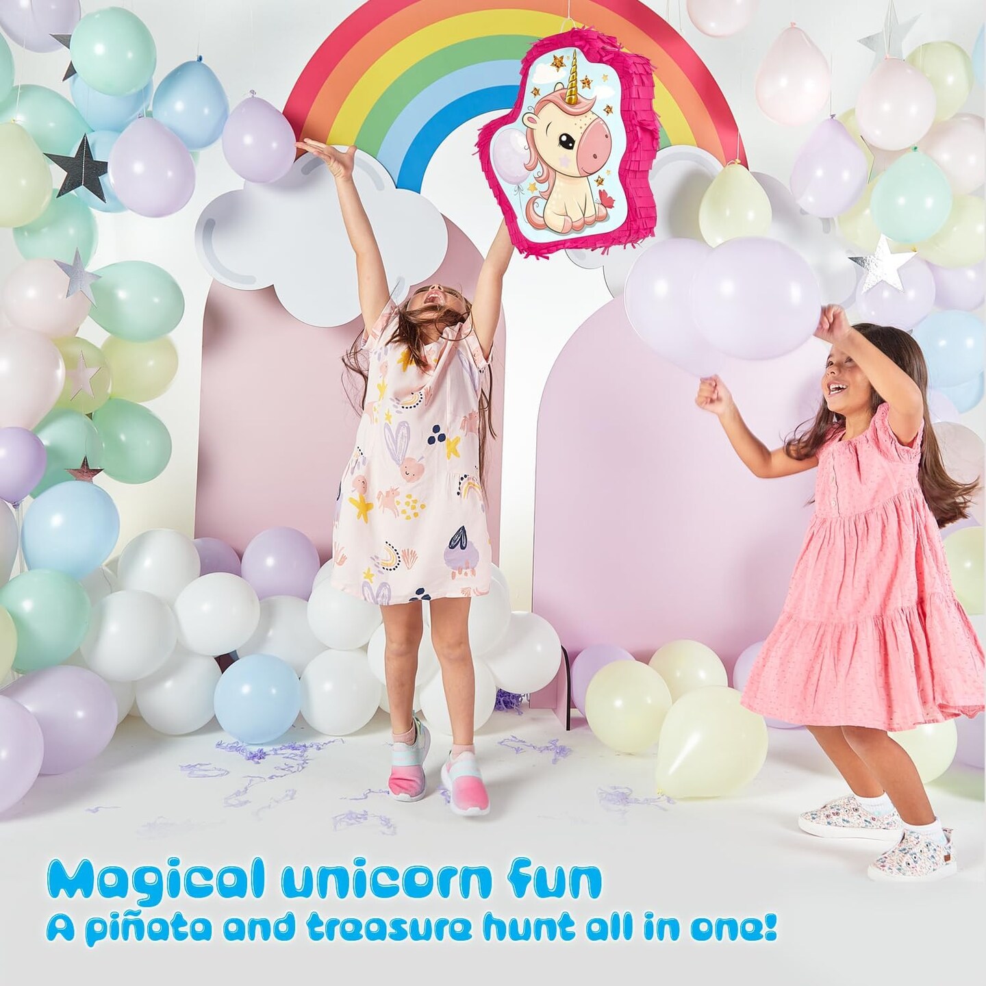 Unicorn Pinata Treasure Hunt Party Game, Birthday Party Complete Set, 16 X 13 Inches, Cute Horse Girl Pinata, Includes Unicorn Pi&#xF1;ata, Horn Mini Pi&#xF1;ata, Pink Bat and more!