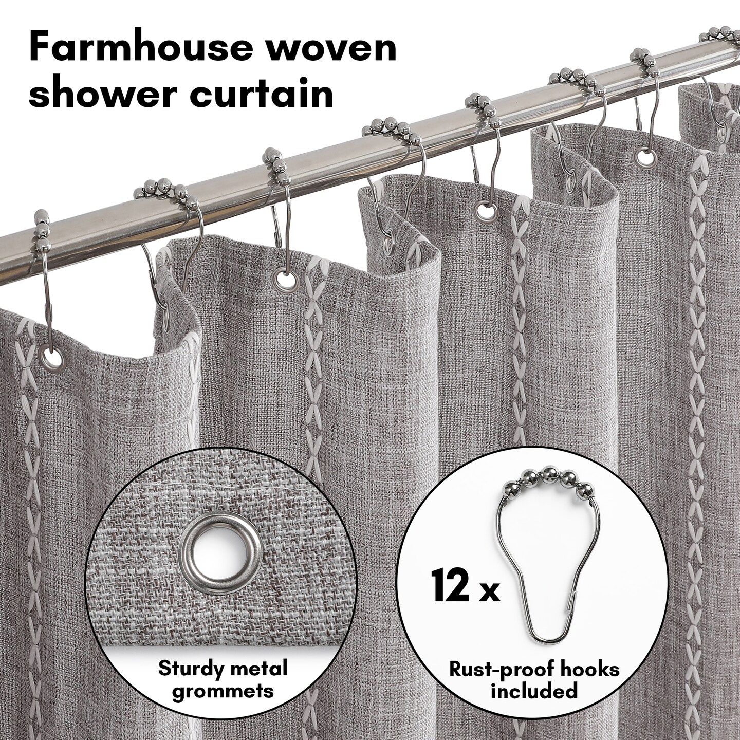 Americanflat 71x71 Woven Linen Shower Curtain with Tassel Accents - Includes 12 Grommets and Hooks - 100% Polyester