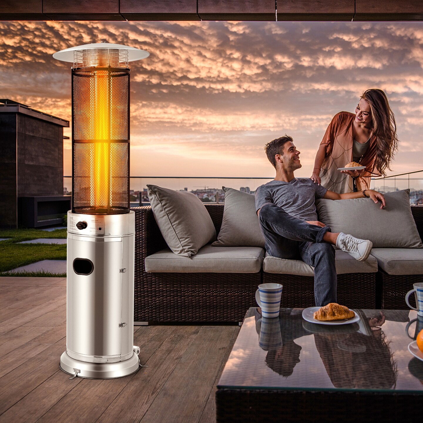 Silver Stainless Steel Round Glass Tube Patio Propane Heaters with Push-Button Ignition