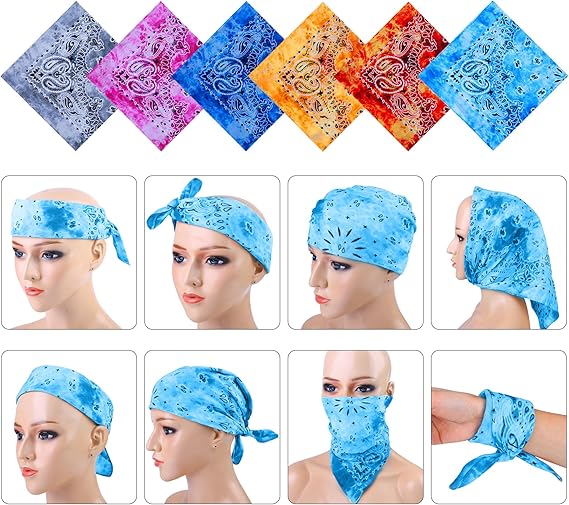 6 Pack 22 x 22 Inch Tie Dye Bandana Cotton Paisley Bandanas Headbands Cowboy Handkerchiefs for Men and Women