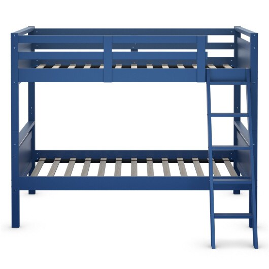 Convertible Twin Over Twin Bunk Bed in Blue &#x2013; Solid Wood &#x26; MDF, Guardrails &#x26; Ladder