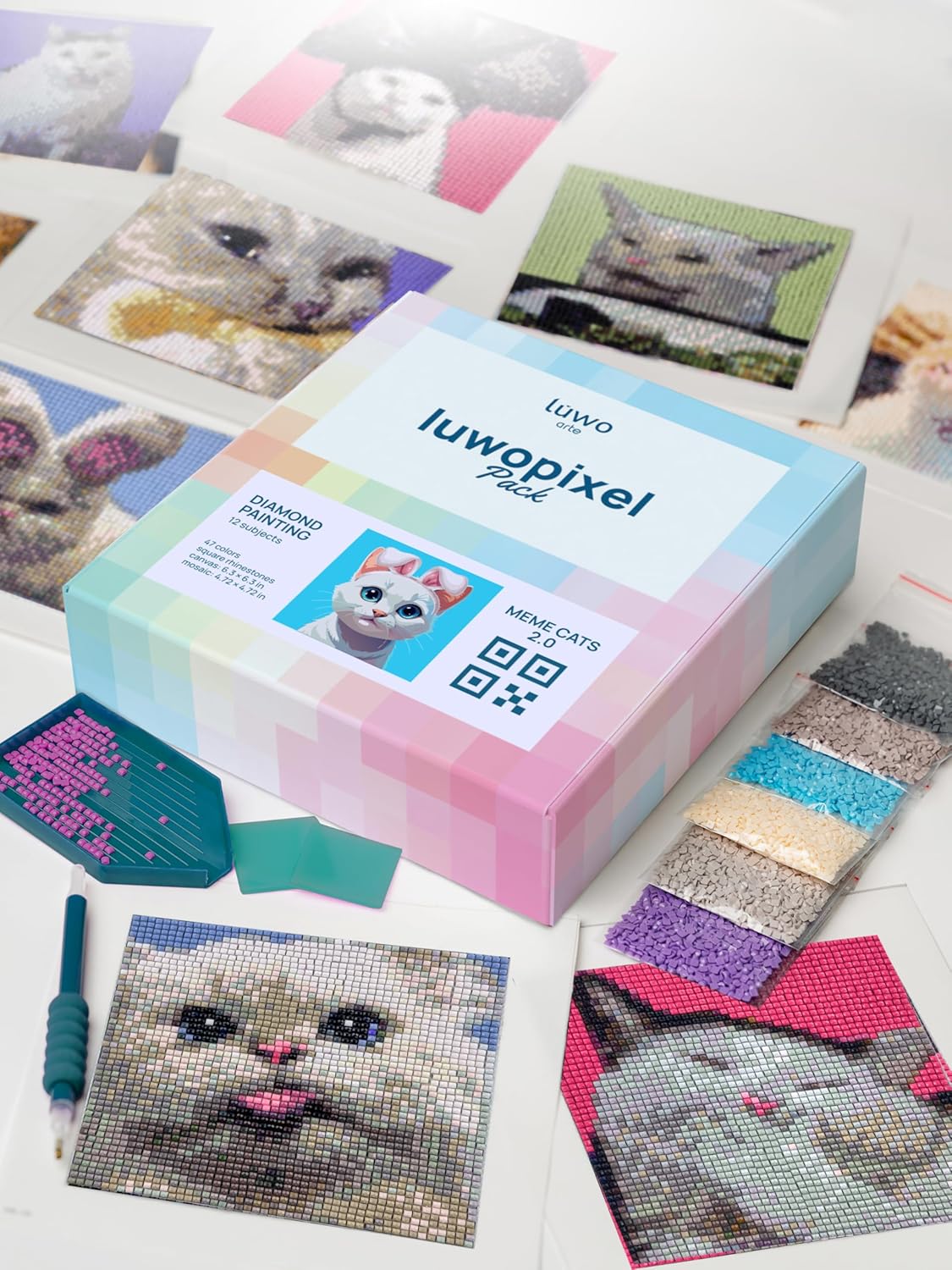 12 Pack Diamond Painting Kits for Adults - Brilliant Art Diamond Painting Kit - Paint Gem Art for Adults - Meme Cats 2.0