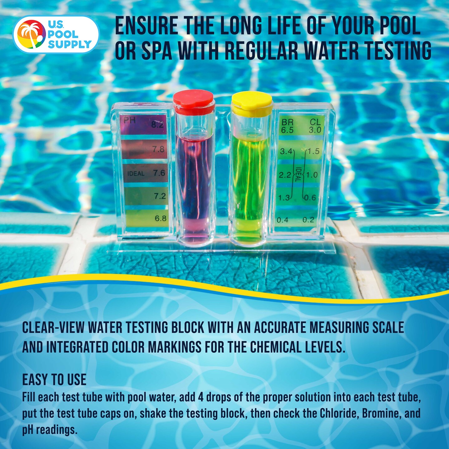 Basic 3-Way Swimming Pool &#x26; Spa Test Kit - Tests Water for pH, Chlorine, and Bromine - OTO and Phenol Red Test Solutions - Maintain the Proper Chemical Balance of Pool Water