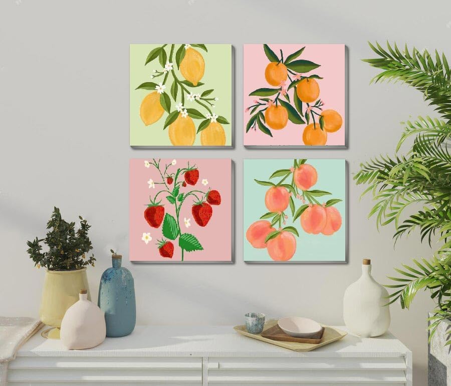 4 Pack Fruits Paint by Numbers Kit for Adults Framed,Easy Acrylic Art Number Painting for Adults Beginners,DIY Adults Paint by Numbers Kit on Canvas for Home Wall Decor,7.8x7.8Inch.