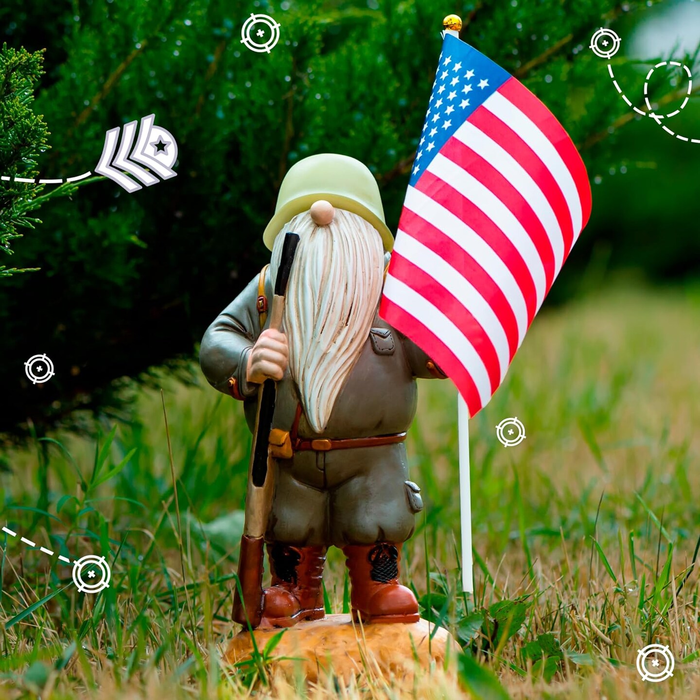 Military Garden Gnome with Guns Outdoor 11&#x22;, US Army Gnomes Garden Decorations, Garden Statues Outdoor Clearance, Patriotic Gnome, Army Gnome