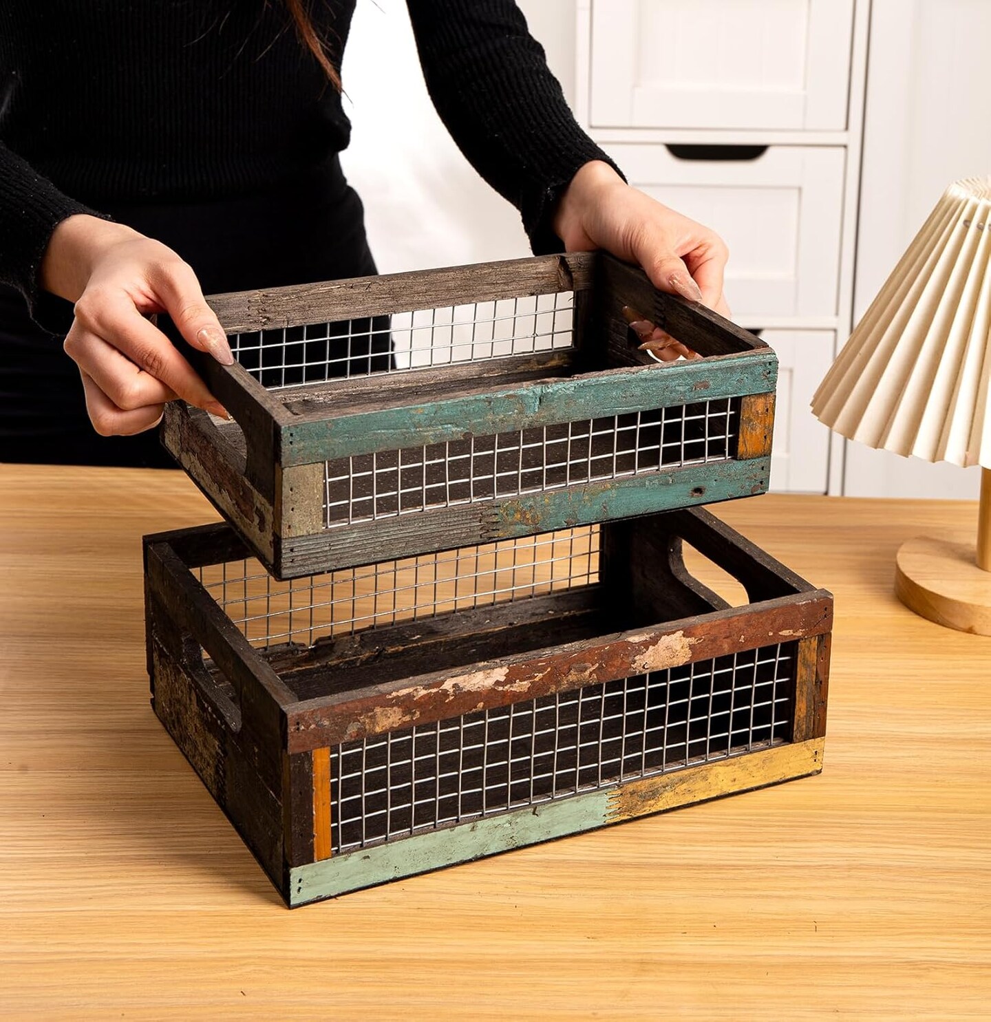 Set of 2 Small Decorative Wooden Storage Crates