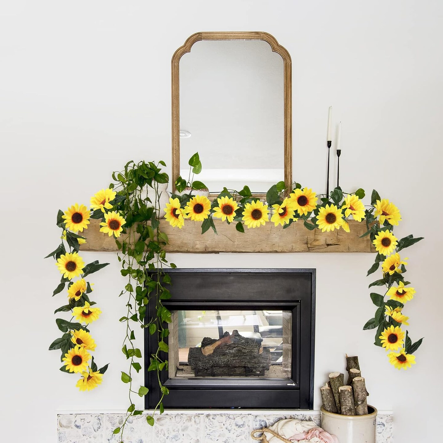 Summer 3 Pack Artificial Sunflower Garland – 7.5ft Silk Sunflowers Hanging Vines with Green Leaves for Room, Kitchen, Garden, and Table Decor