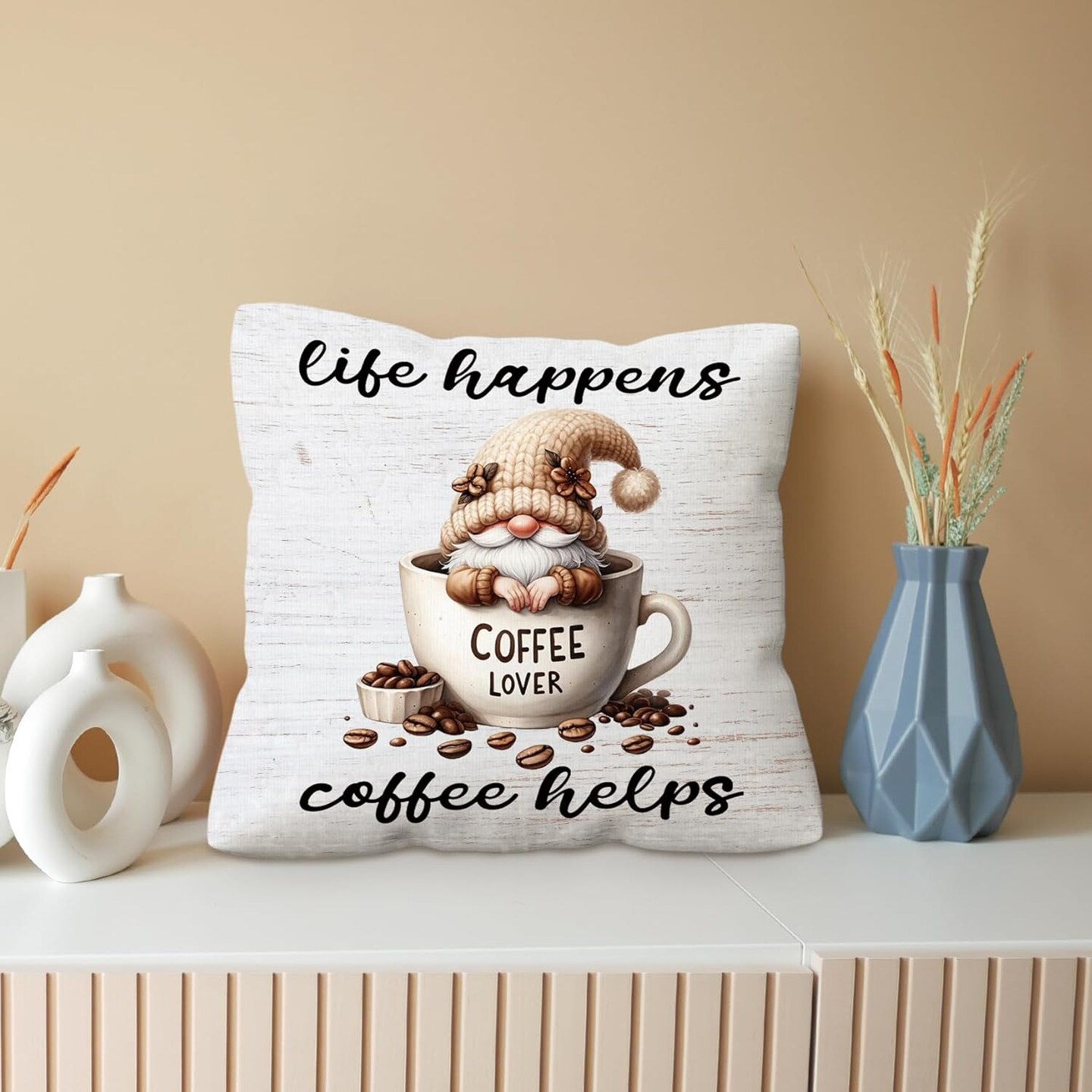 Coffee Gnomes Pillow Covers 18x18, Life Happens Coffee Helps Cute Sofa Decor Throw Pillow Covers for Kitchen Coffee Bar Coffee Station Office Room Decor, Gnome Sign Gnome Lovers Gifts