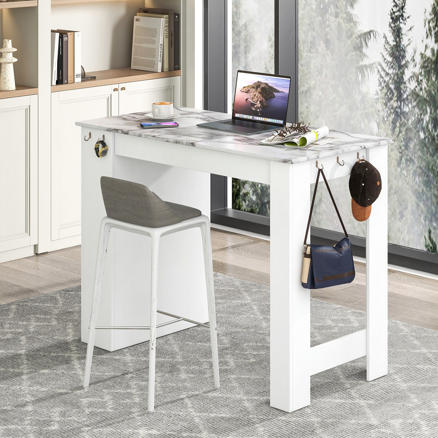 White MDF Bar Table with Faux Marble Top, Adjustable Shelf and Hooks