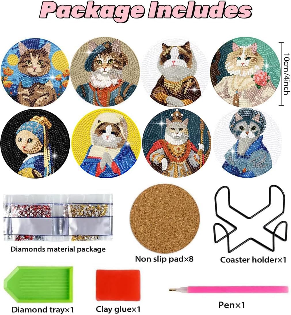 8 Pcs Diamond Painting Coaster Kit Set – Funny Cat Diamond Art Coasters with Holder, DIY Craft Kit for Adults, Diamond Dots Art Gift