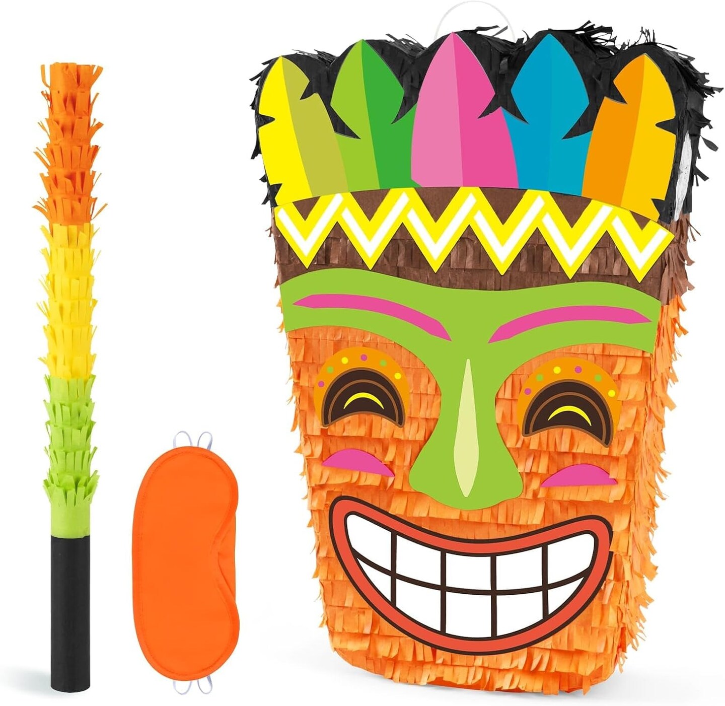 Tiki Pi&#xF1;ata -Tropical Hawaii Pi&#xF1;ata with Blindfold and Bat for Girls Boys Kids Pi&#xF1;ata Hawaiian Luau Themed Party Decorations