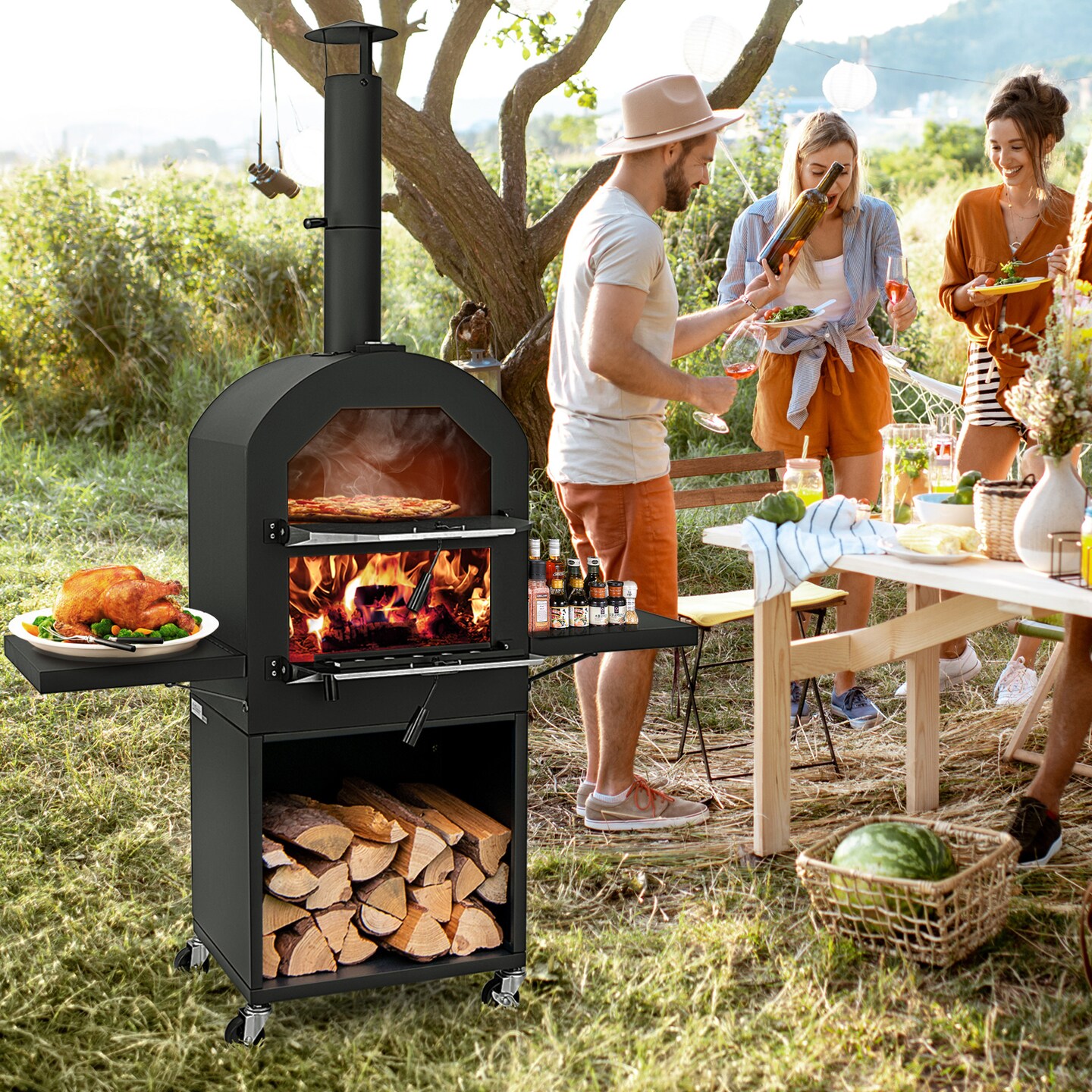 Outdoor Wood-Fired Pizza Oven with Wheels, Thermometer & Accessories
