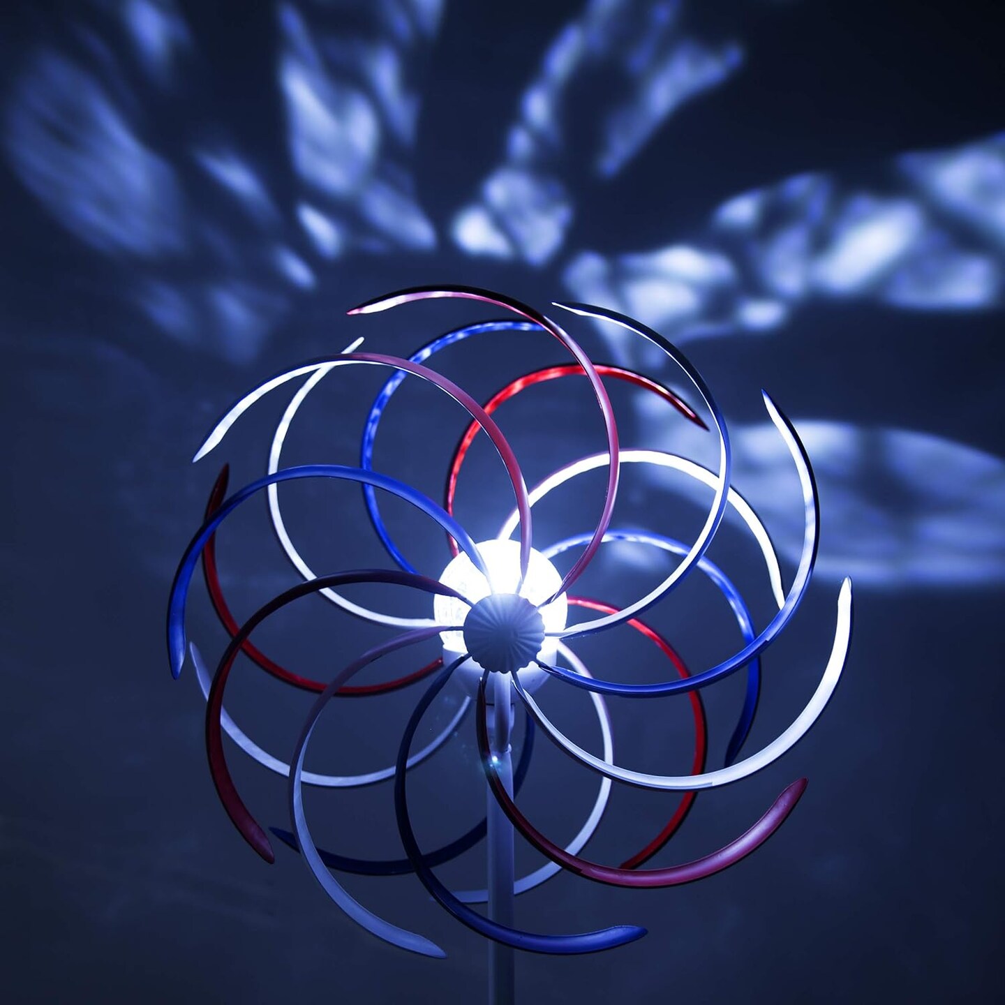 Tall Outdoor Solar Powered Patriotic Dual Windmill Spinner Stake Yard Decoration, Red, White, and Blue