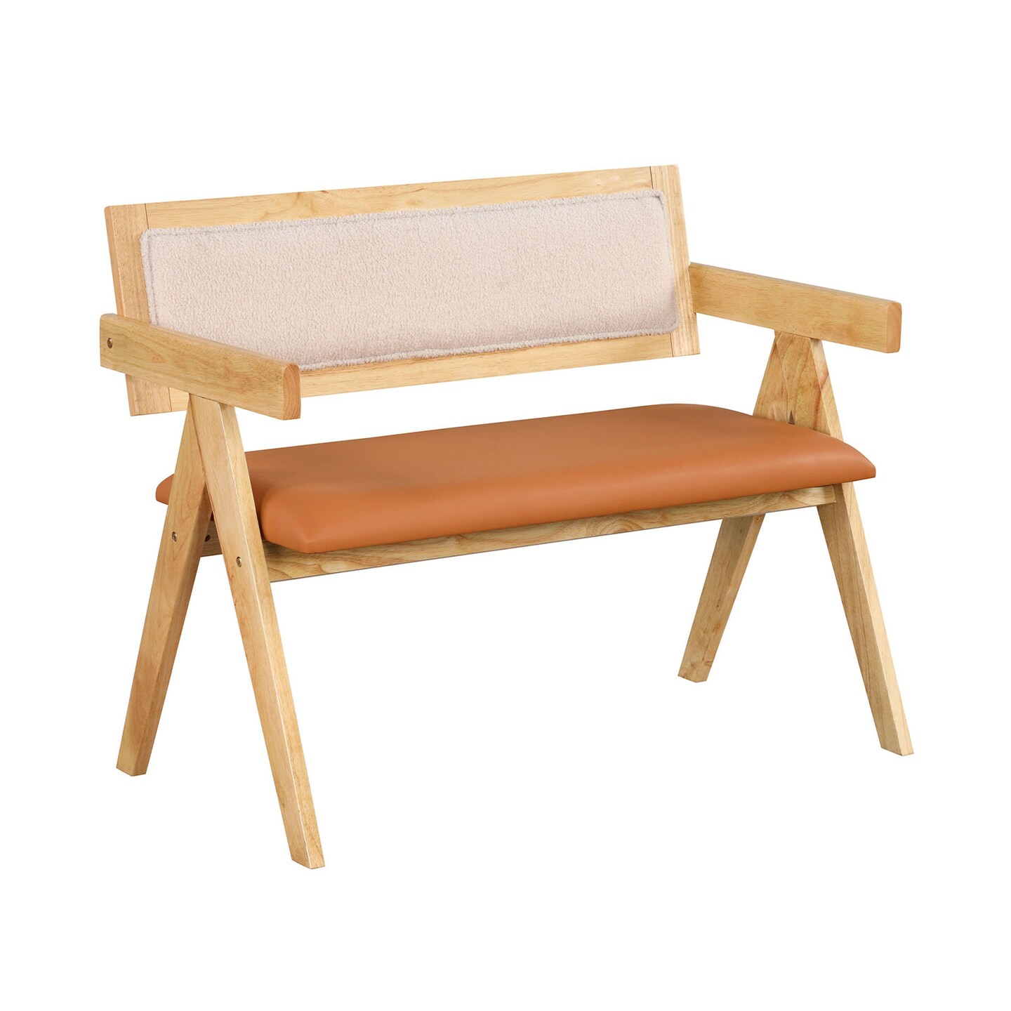 Natural Wood Dining Bench with Sherpa Upholstered Backrest and Soft-Padded Seat