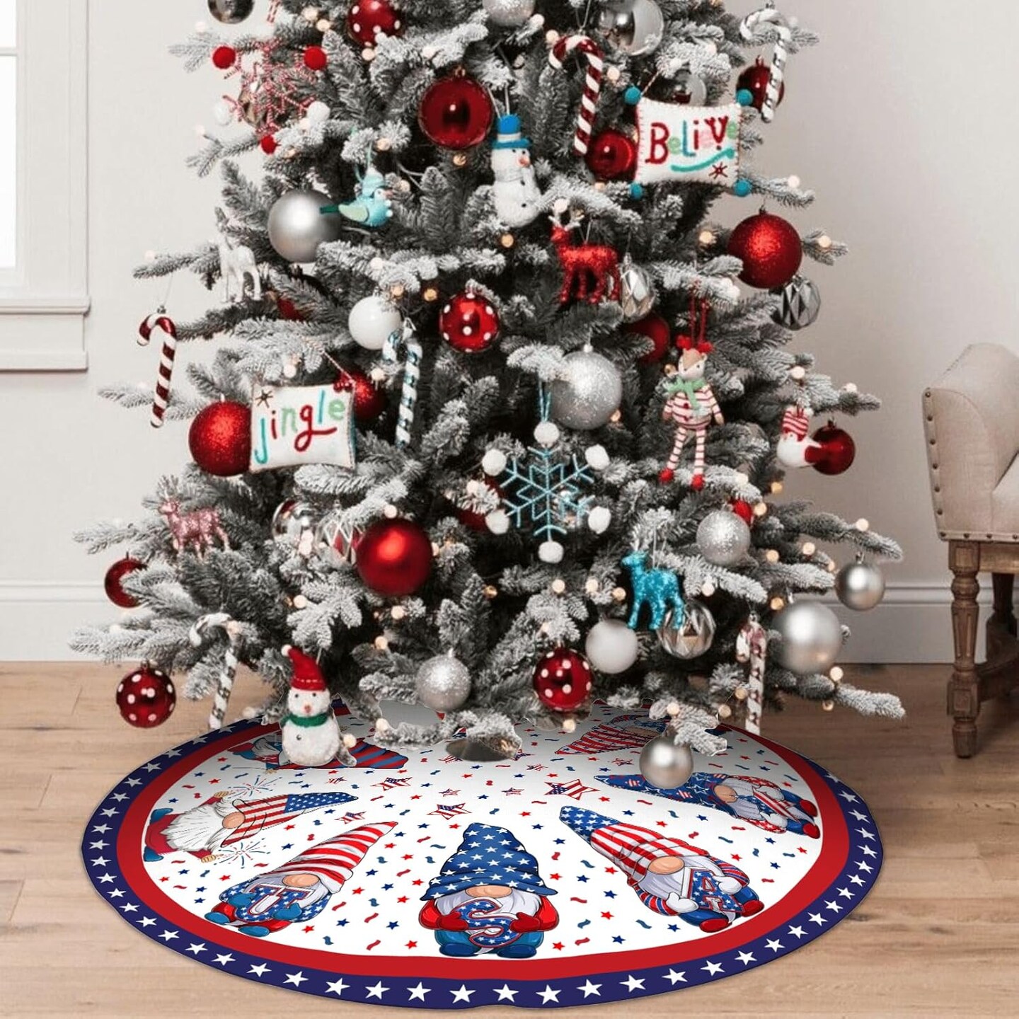 4th of July Decoratios for Tree Skirt Gnome Stars Patriotic America Memorial Day 36in Holiday Tree Skirt Decor for Party Indoor Home