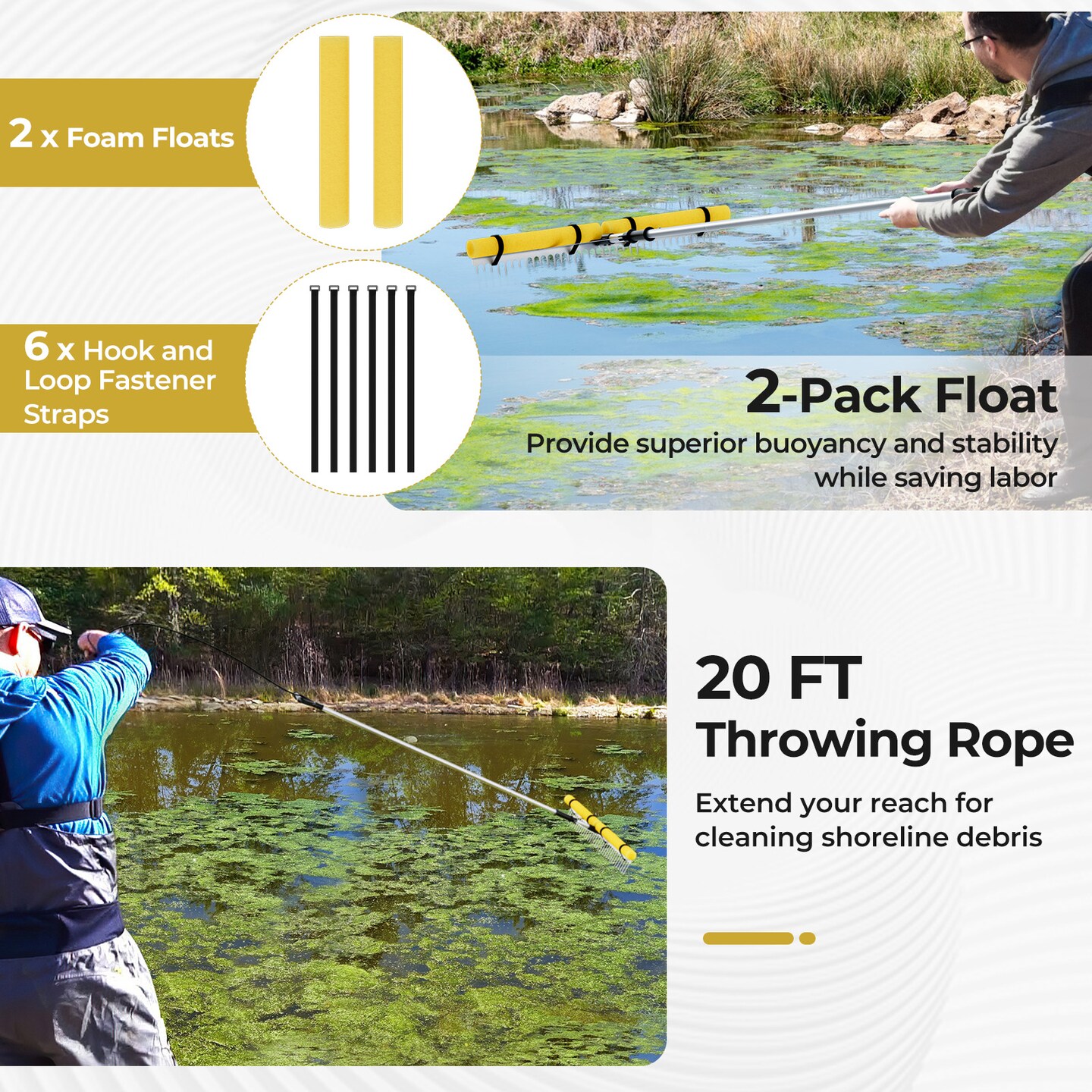 Silver Lake Rake Aquatic Pond Weed Cutter with 2 Removable Foam Floats and Aluminum Pole