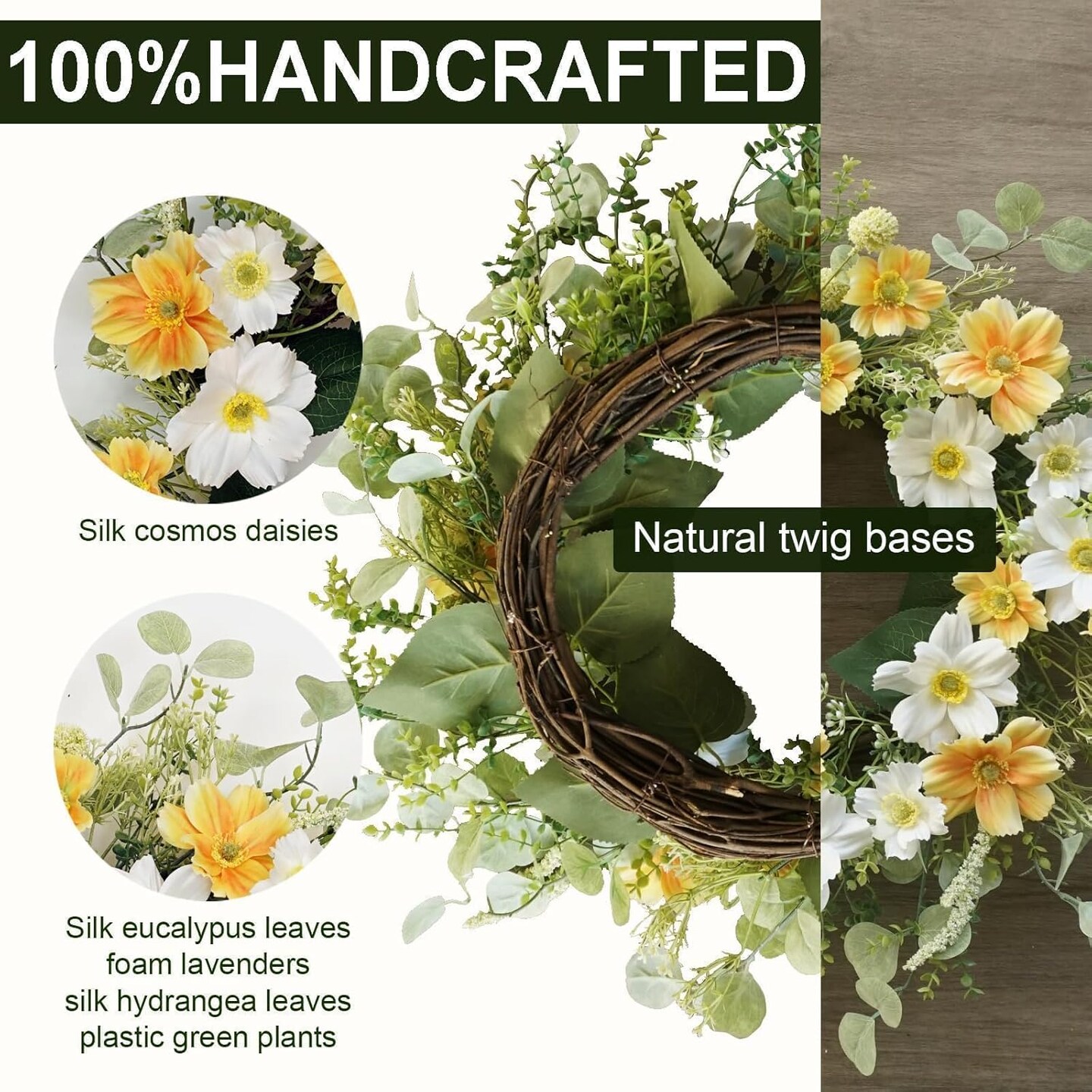&#x22;Yellow Summer Floral Arrangement Wreath for Front Door, 20 Inch Artificial Wreath with Cosmos and Daisy Flowers, Tropical Wreath for Porch, Wall, and Window Home Decor&#x22;