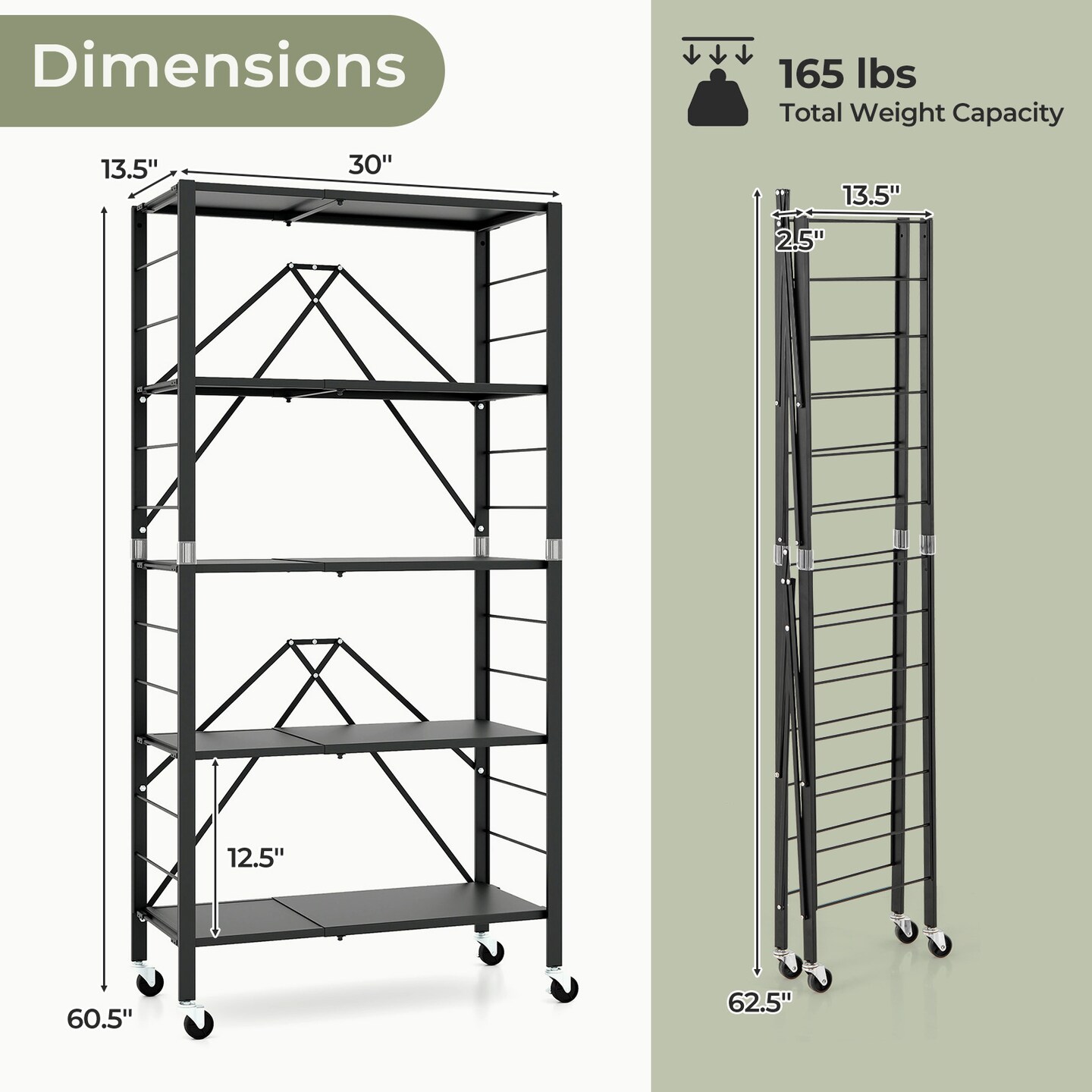 Black Metal Foldable Storage Shelf and Adjustable 5-Tier Shelves with Wheels