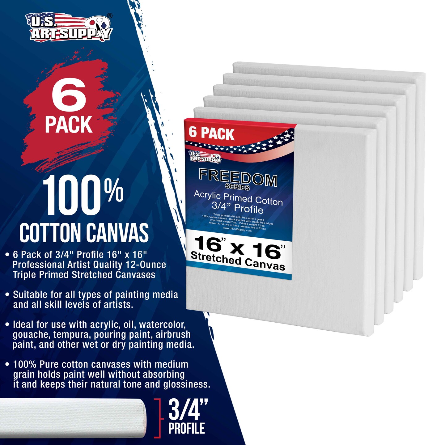 16 x 16 inch Stretched Canvas 12-Ounce Triple Primed, 6-Pack - Professional Artist Quality White Blank 3/4&#x22; Profile, 100% Cotton, Heavy-Weight Gesso