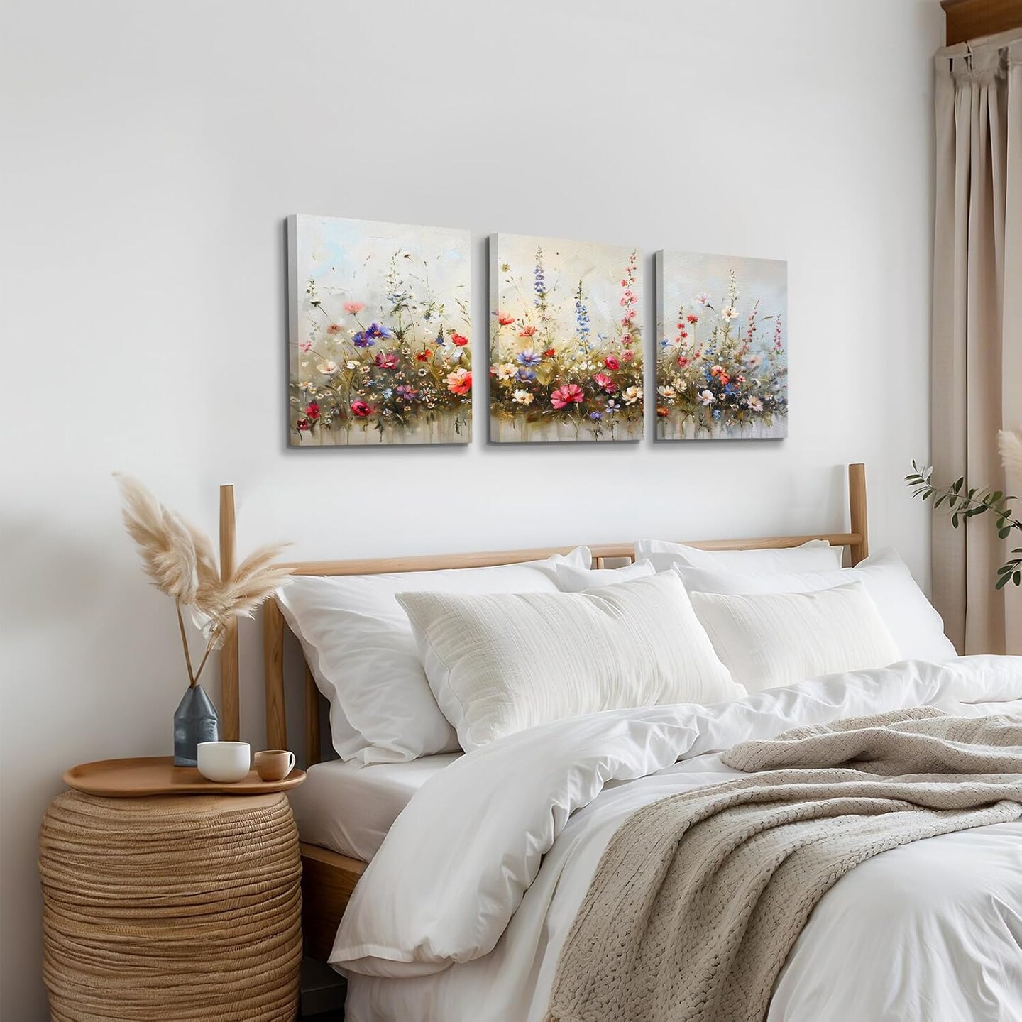 Summer Nature Floral Botanical Wall Art Prints, Aesthetic Farmhouse Decor, Misty Flowers Modern Home Decor Paintings, 3 Piece Canvas Wall Art for Living Room, Bathroom, and Bedroom, 12&#x22; x 16&#x22;