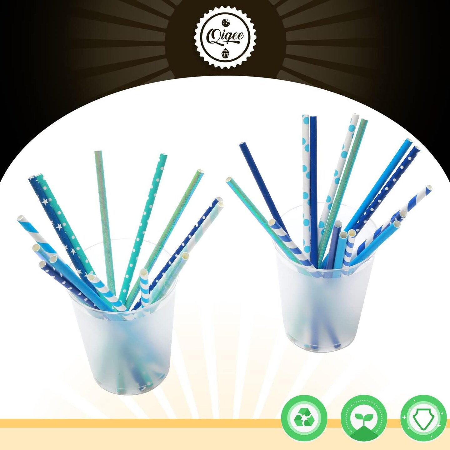 Blue Paper Straws 150pcs Disposable Bulk(10 Pattern)