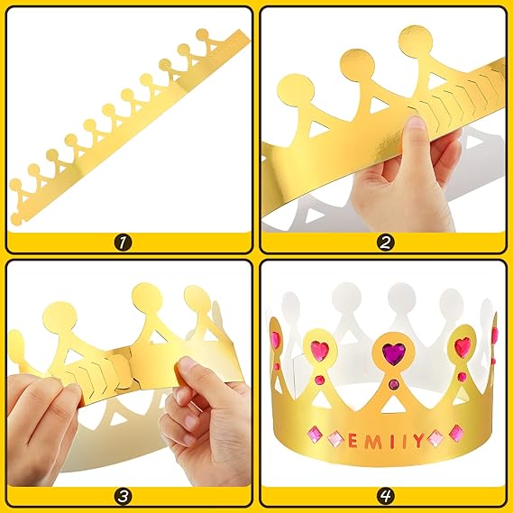63 pcs Paper Crowns Princess Prince Crown Kids Birthday Party King Hats Gold gem Jewels Number Letter Stickers