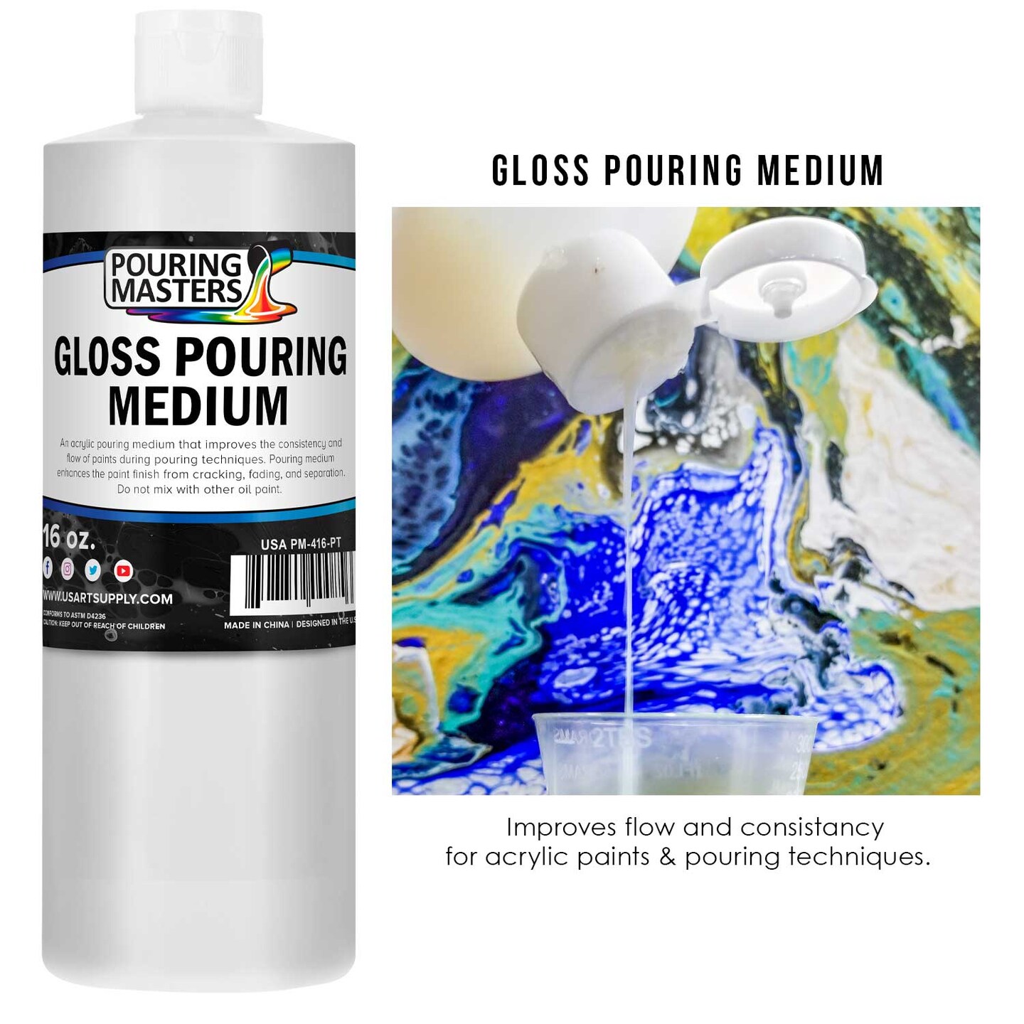 Professional Gloss Pouring Medium 16oz (Pint) - Improves Paint Flow &#x26; Cell Effects Creator, Viscosity Adjuster for Art Acrylic Painting