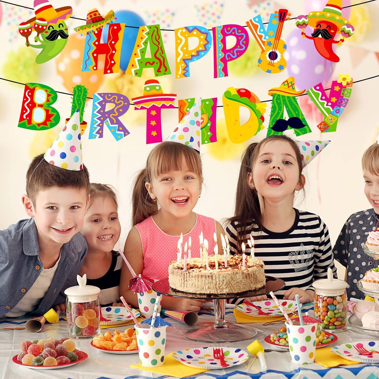 2Pcs Mexican Happy Birthday Banner Colorful Mexican Fiesta Birthday Bunting Garland Cinco De Mayo Taco Paper Banner Pre-Assembled for Mexican Carnival Birthday Hanging Decor Party Supplies