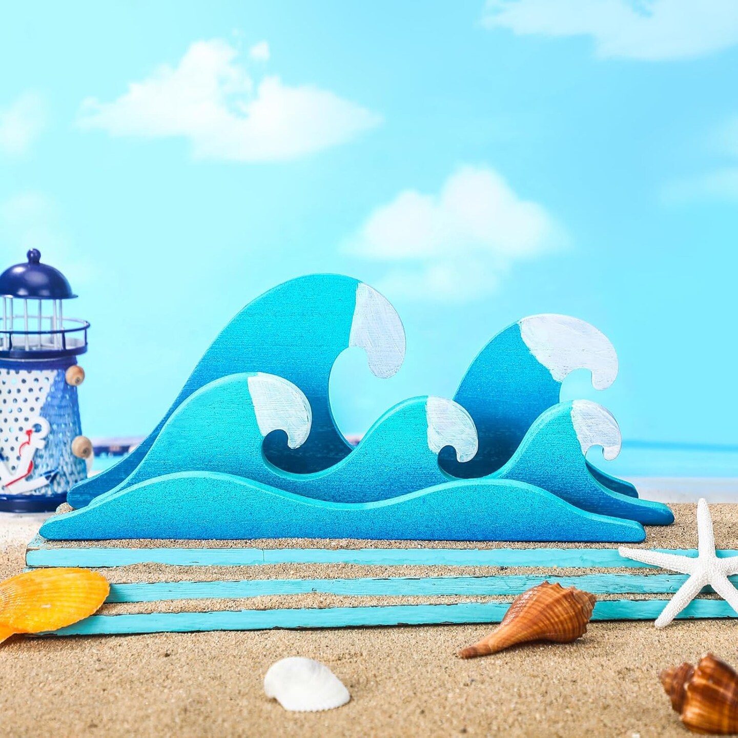 Summer Ocean Wave Wooden Decor &#x2013; Summer Themed Tabletop Decoration, Waves Table Centerpiece for Beach House, Holiday Gifts, and Ocean Party Supplies