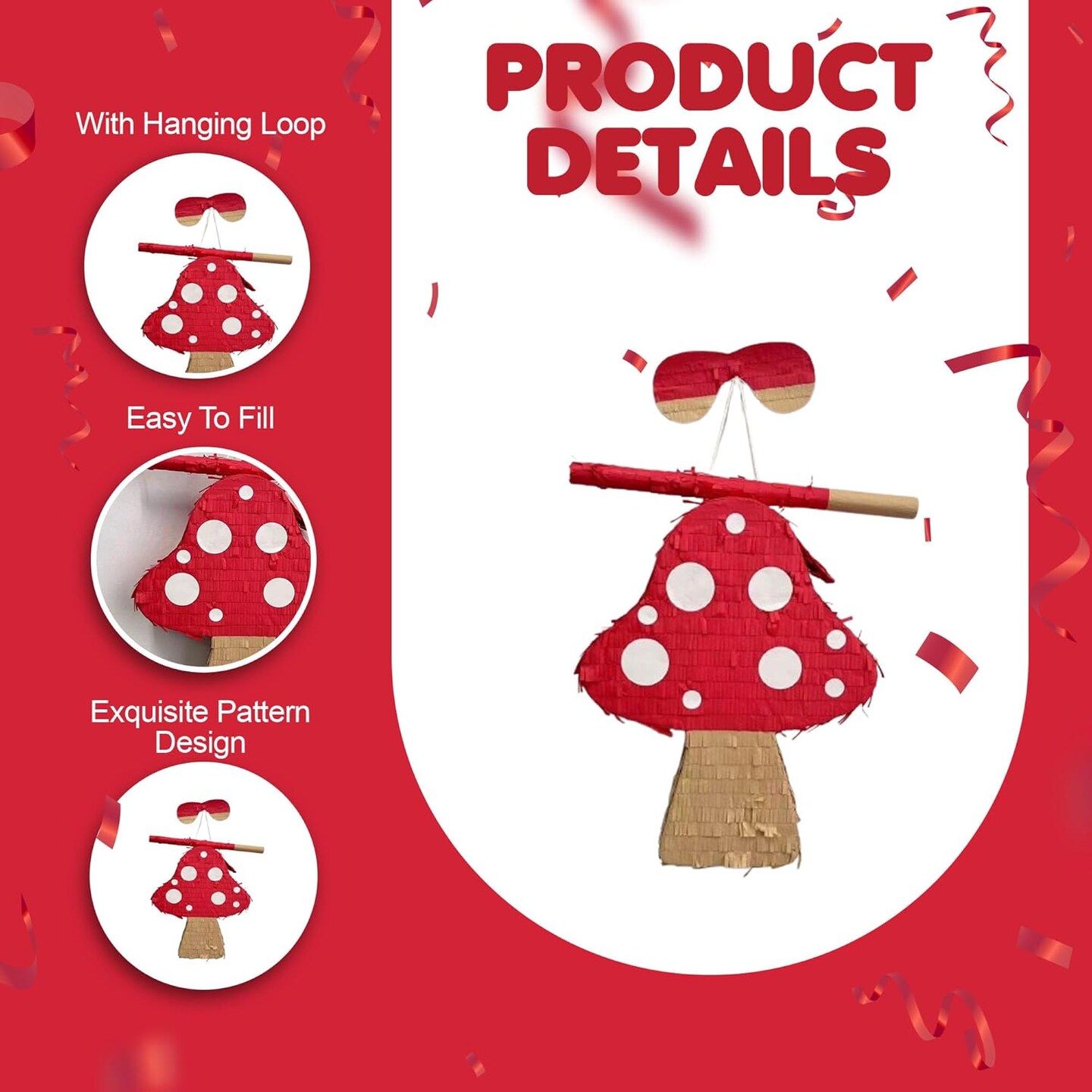 Mushroom Themed Pinata, Red &#x26; Brown Color with White Dots, Elevate Your Woodland Birthday Celebration with Vibrant Supplies and Eye Catching Decoration, Forest Party Favor