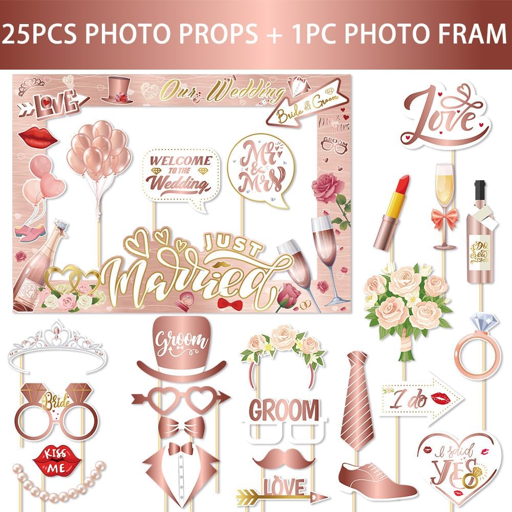 26 PCS Wedding Photo Booth Props and Photo Frames, Rose Gold Bride to Be Selfie Photo Booth Frame Props, Wedding Decoration Bachelorette Engagement Party Favor Supplies Welcome to Seller Assistant Please log in to your account to start working Log