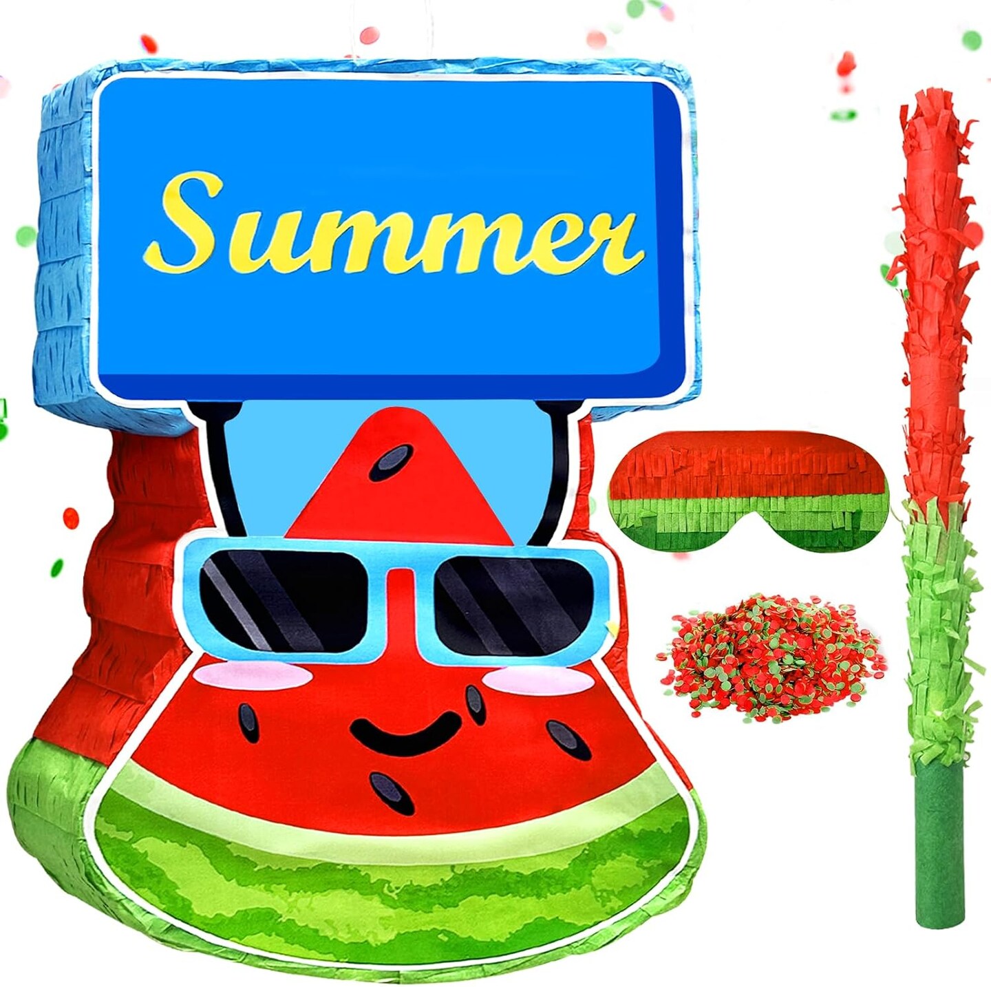 Watermelon Pi&#xF1;ata Summer Theme Pi&#xF1;ata,with Stick Blindfold Confetti,16.5 x 10.2 x 2.6 Inches Summer Fruit Pi&#xF1;ata for Summer Birthday Parties Summer Theme Parties Decoration Party Game