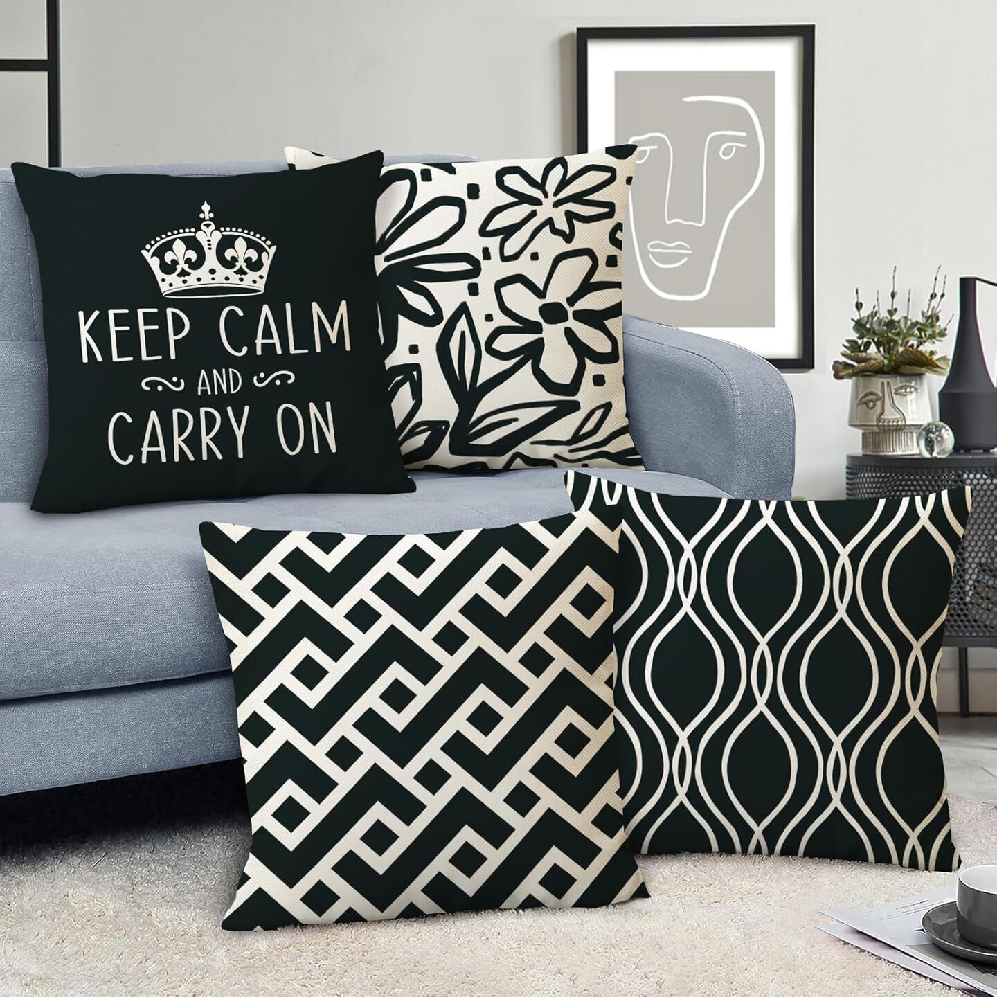 Decorative Throw Pillow Covers 18x18 Set of 4, Inspirational Black White Geometric Outdoor Pillowcase, Modern Abstract Flower Couch Cushion Case Home Decor