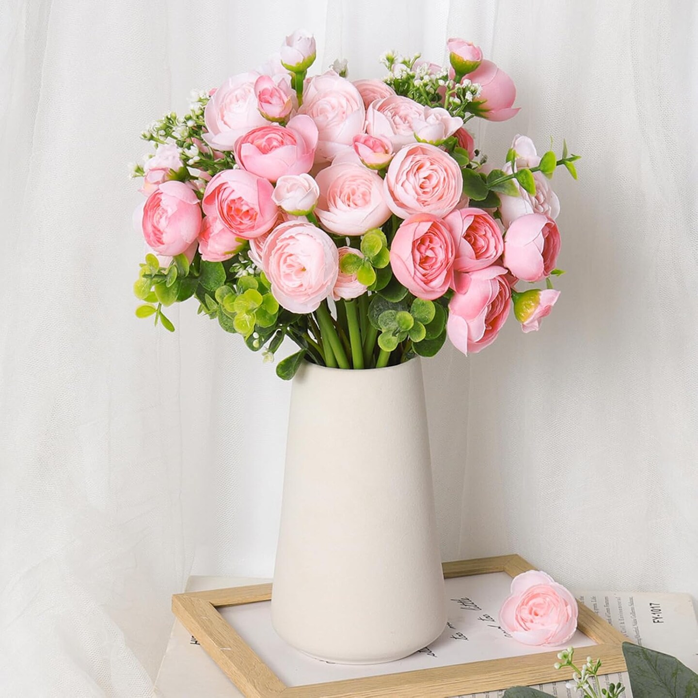 12 Bundles Summer Floral Arrangement &#x2013; Silk Ranunculus Flowers, Fake Baby Breath and Eucalyptus for Wedding, Home, Office Decor (Mixed Pink)