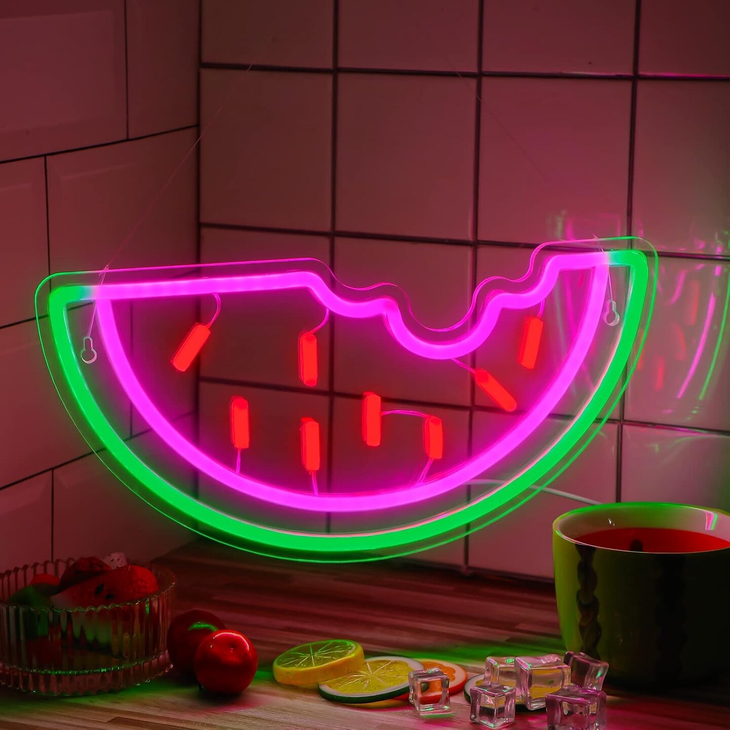 Summer Watermelon Neon Sign USB Operated Acrylic LED Neon Light Fruit Art Decorative LED Light Signs for Home Bedroom Bar Birthday Party Wedding Office Lounge Patio