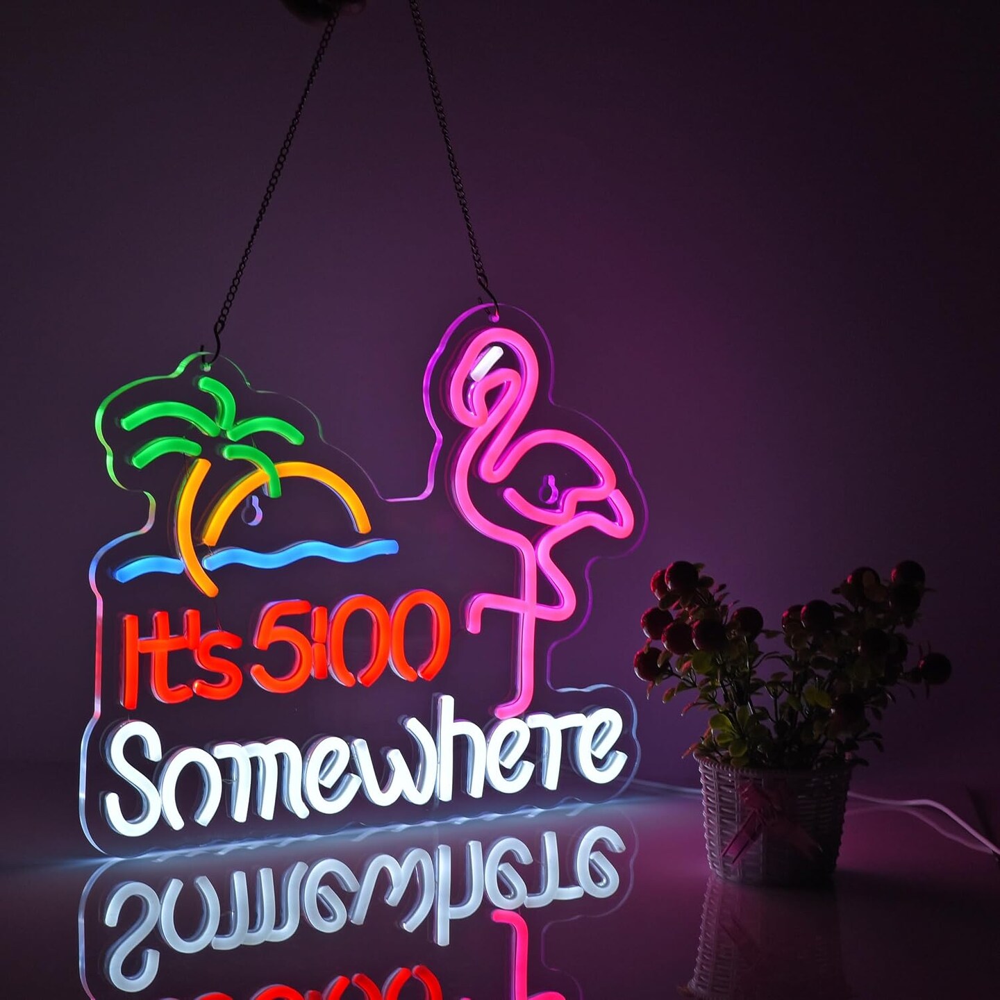 Summer Flamingo &#x22;It&#x27;s 5:00 O&#x27;clock Somewhere&#x22; Neon Sign - Dimmable LED Bar &#x26; Beer Neon Light for Wall D&#xE9;cor