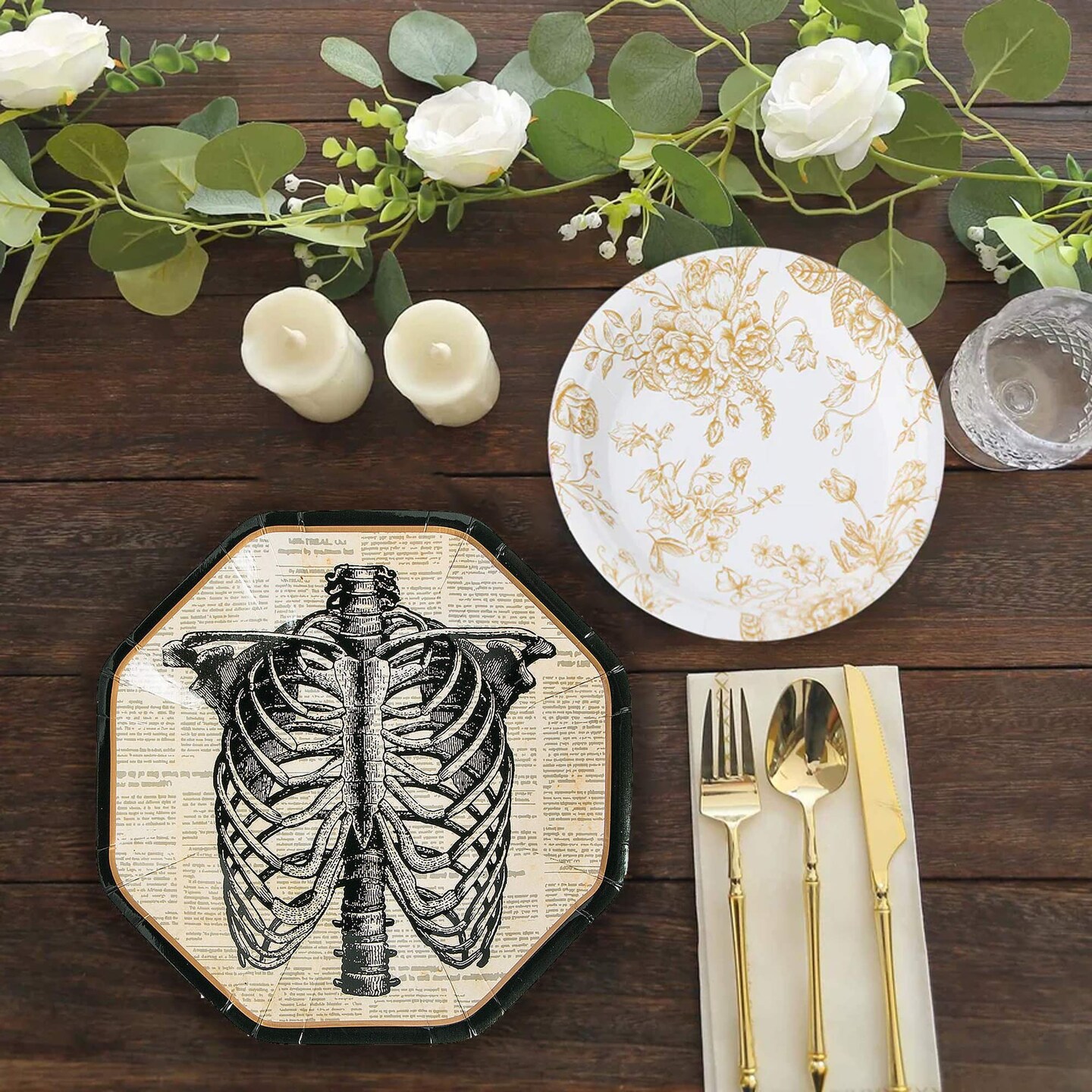 8 Count Vintage Halloween Skeleton Octagonal Paper Dessert Plates 7 Inch Disposable Party Supplies