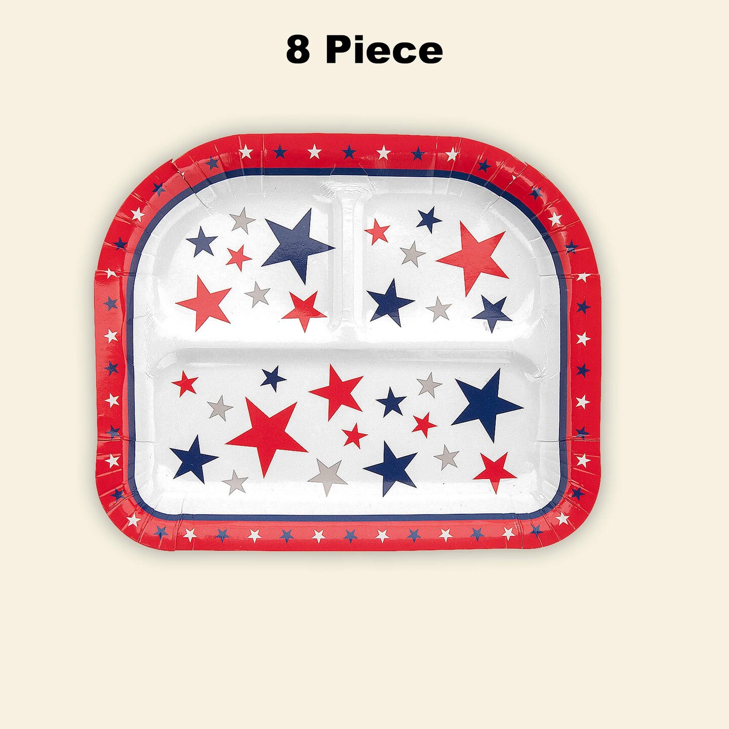 8 Count Patriotic Party Star Paper Dinner Plates with Compartments Red White Blue 8x9.5"