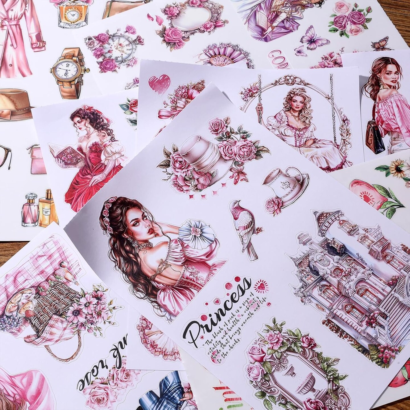 200 pcs - Vintage Scrapbook Stickers (Pink) 8 x 6 x 0.25 inches