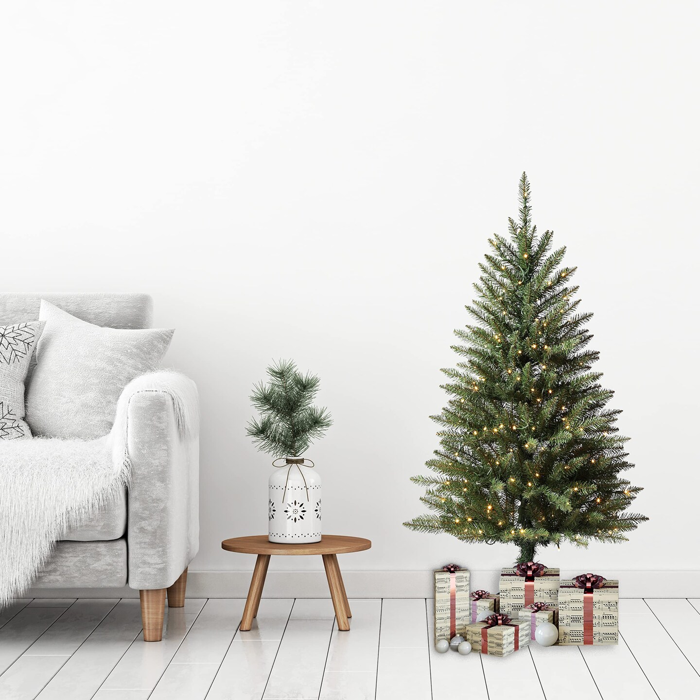 Haute Decor Dumont Fir Pre-lit Artificial Christmas Tree with Warm White Energy-Efficient LED Lights - 4 Foot Tall Size, Perfect for Smaller Spaces