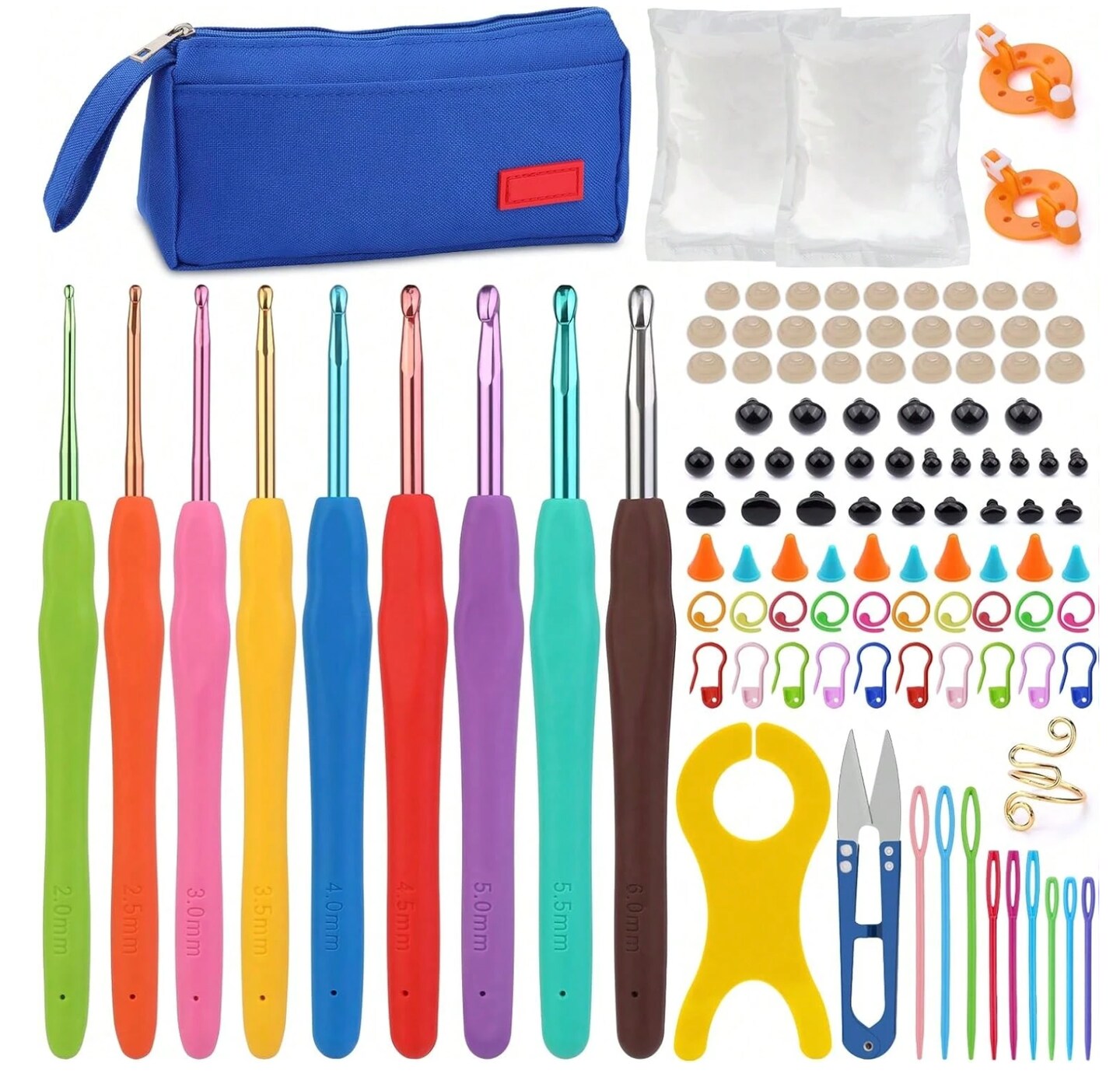 109-Piece Complete Crochet Kit – Ergonomic Hooks, Fiber Fill Stuffing, Safety Eyes & Noses – All-in-One Amigurumi & Knitting Project Set for Beginners & Pros