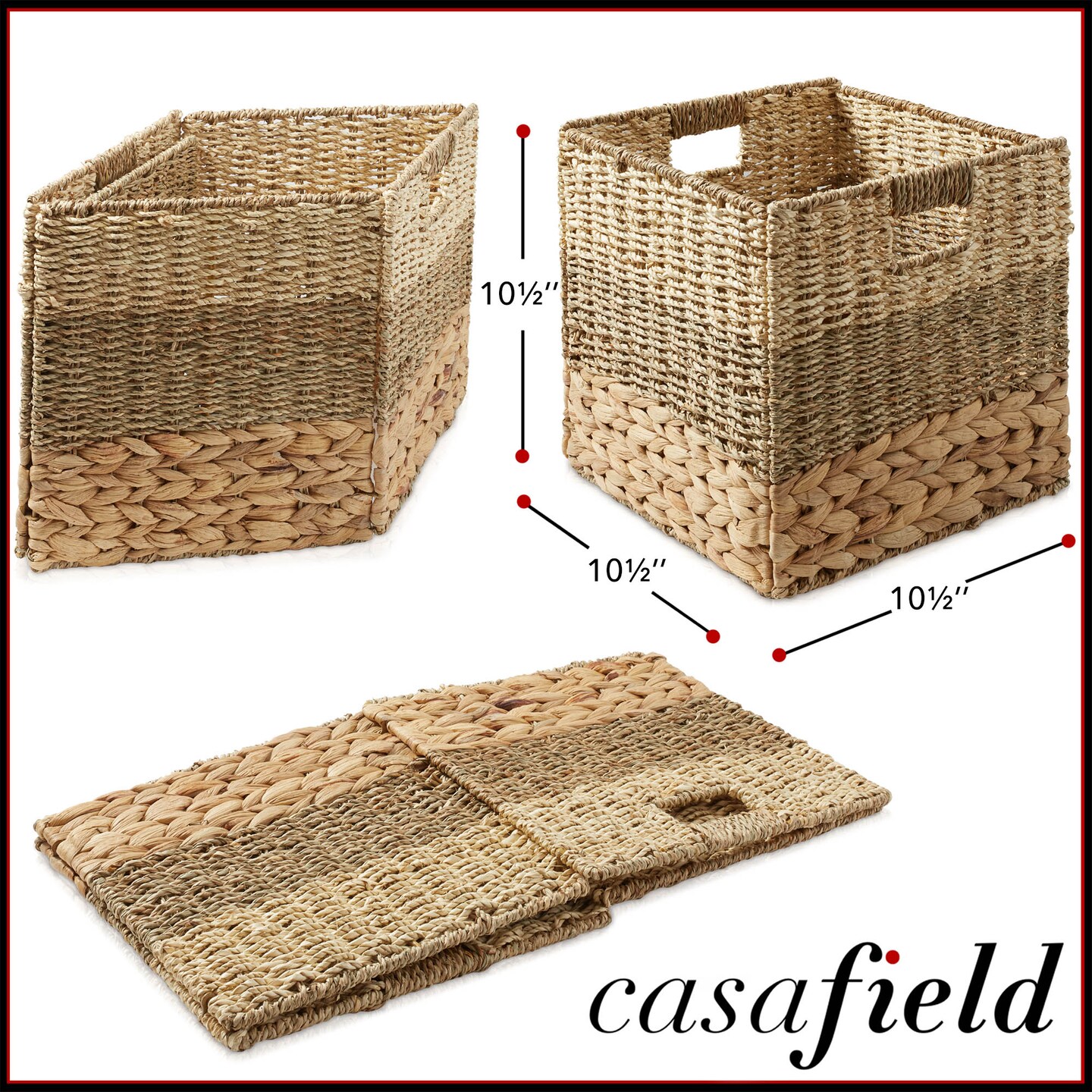 Casafield 10.5" x 10.5" Water Hyacinth Storage Basket Sets, Storage Organizers, Woven Wicker Cubes for Bathroom, Bedroom, Laundry, Shelves