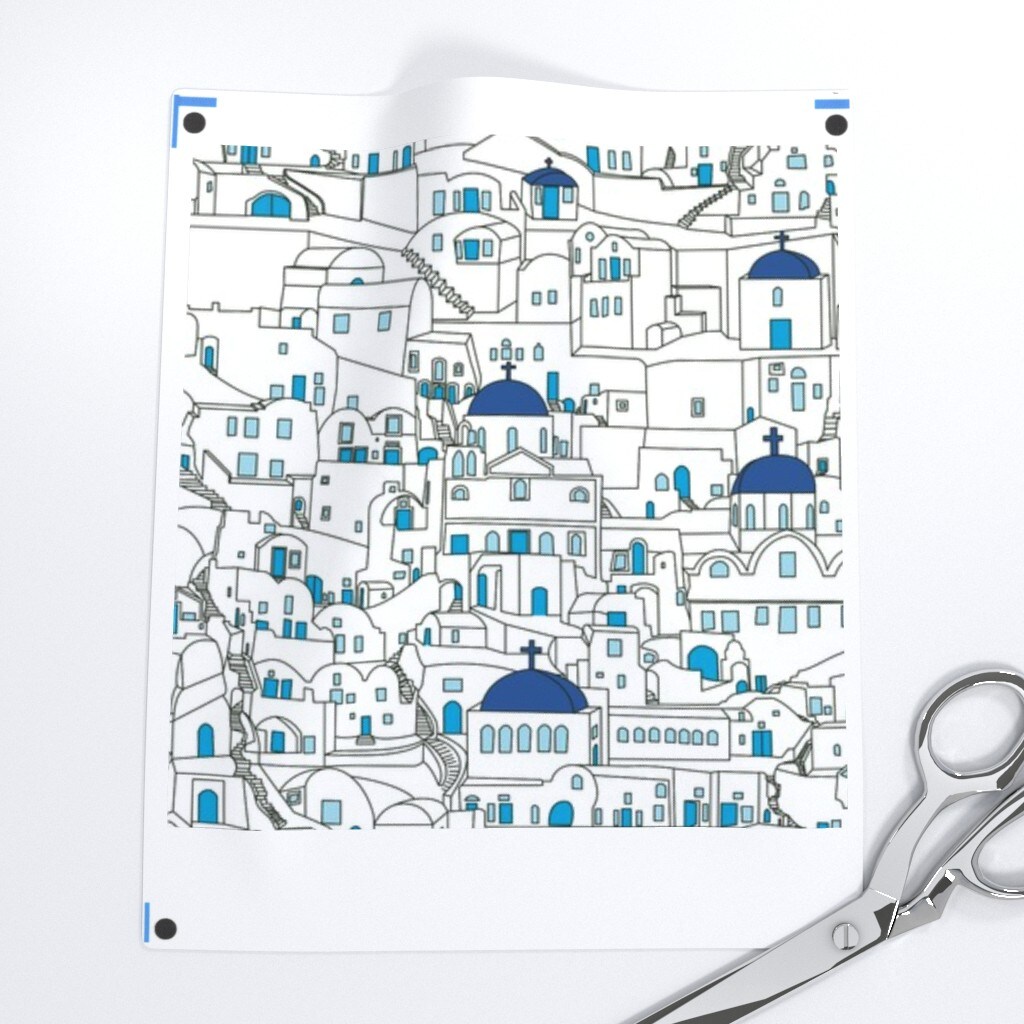 Greek Art Blue Architecture Coloring Book White Travel World Greece Custom Printed Fabric by Spoonflower Various Fabrics by the Yard or Fat Quarter