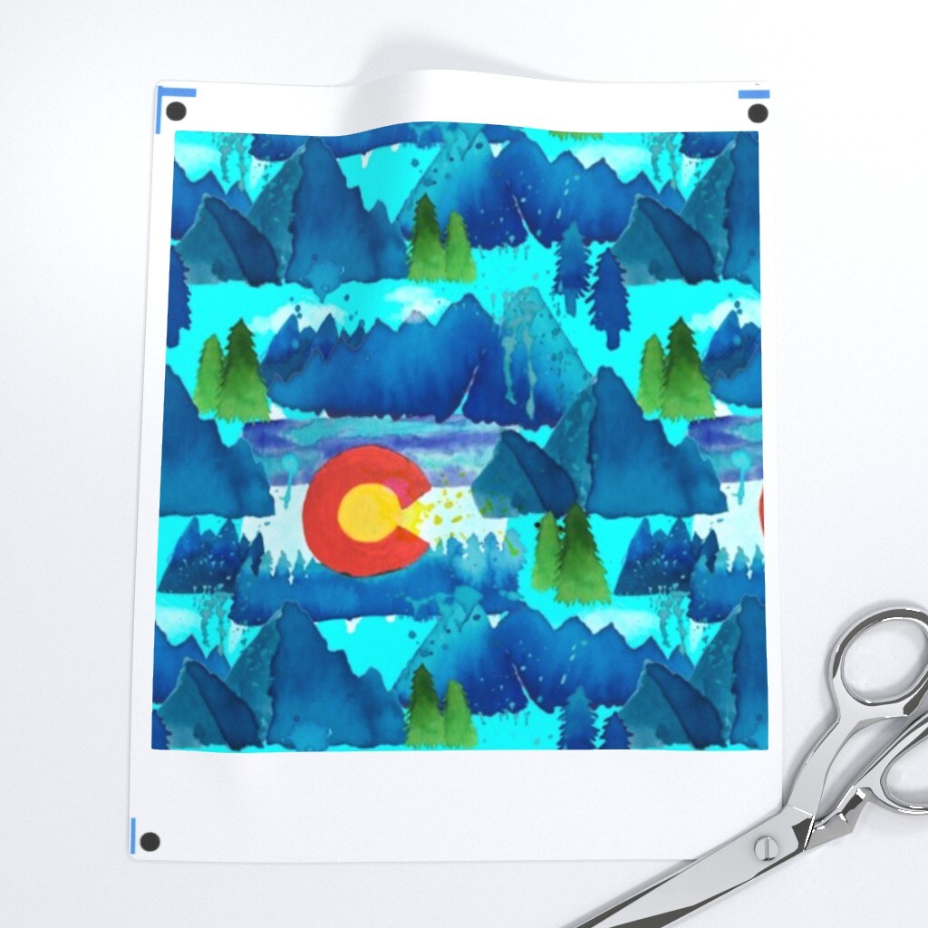 Colorado Small Scale Mountain Mountains Trees Watercolor Pine Tree Splash Splatter Clouds Sky Custom Printed Fabric by Spoonflower Various Fabrics by the Yard or Fat Quarter