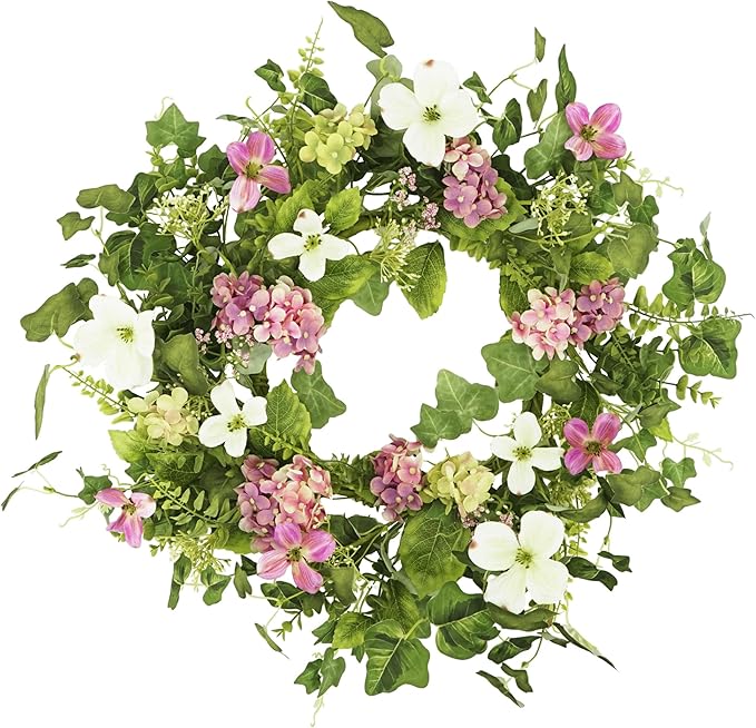 18" Spring Summer Wreaths for Front Door, Artificial Floral Wreath with Pink Hydrangea Green Eucalyptus Leaves, Green Foliage Wreath for Wall Window Farmhouse Party Holiday Home Decor