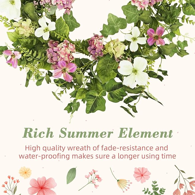 18" Spring Summer Wreaths for Front Door, Artificial Floral Wreath with Pink Hydrangea Green Eucalyptus Leaves, Green Foliage Wreath for Wall Window Farmhouse Party Holiday Home Decor