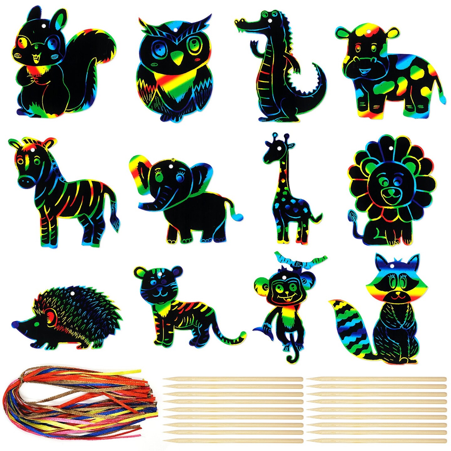Wrapables 36pc Rainbow Scratch Arts Ornaments, DIY Magic Scratch Arts and Crafts, Animals