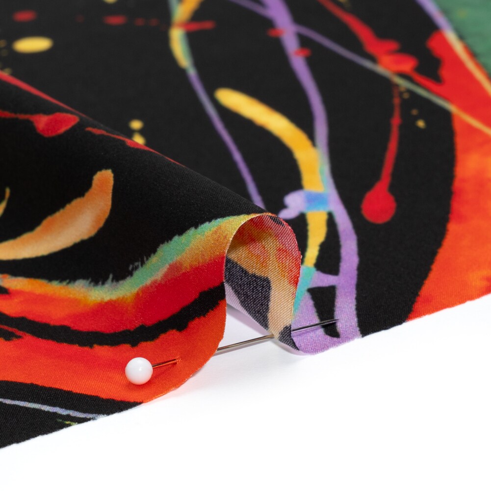 1 Yard Black and Rainbow Paint Streaks and Splatters Silk Charmeuse Fabric 53 inch Width