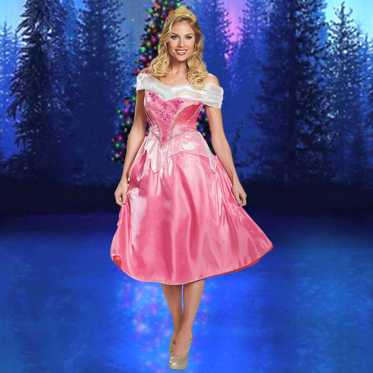 Womens Deluxe Aurora Costume With Pink Gown And Gold Crown Headband